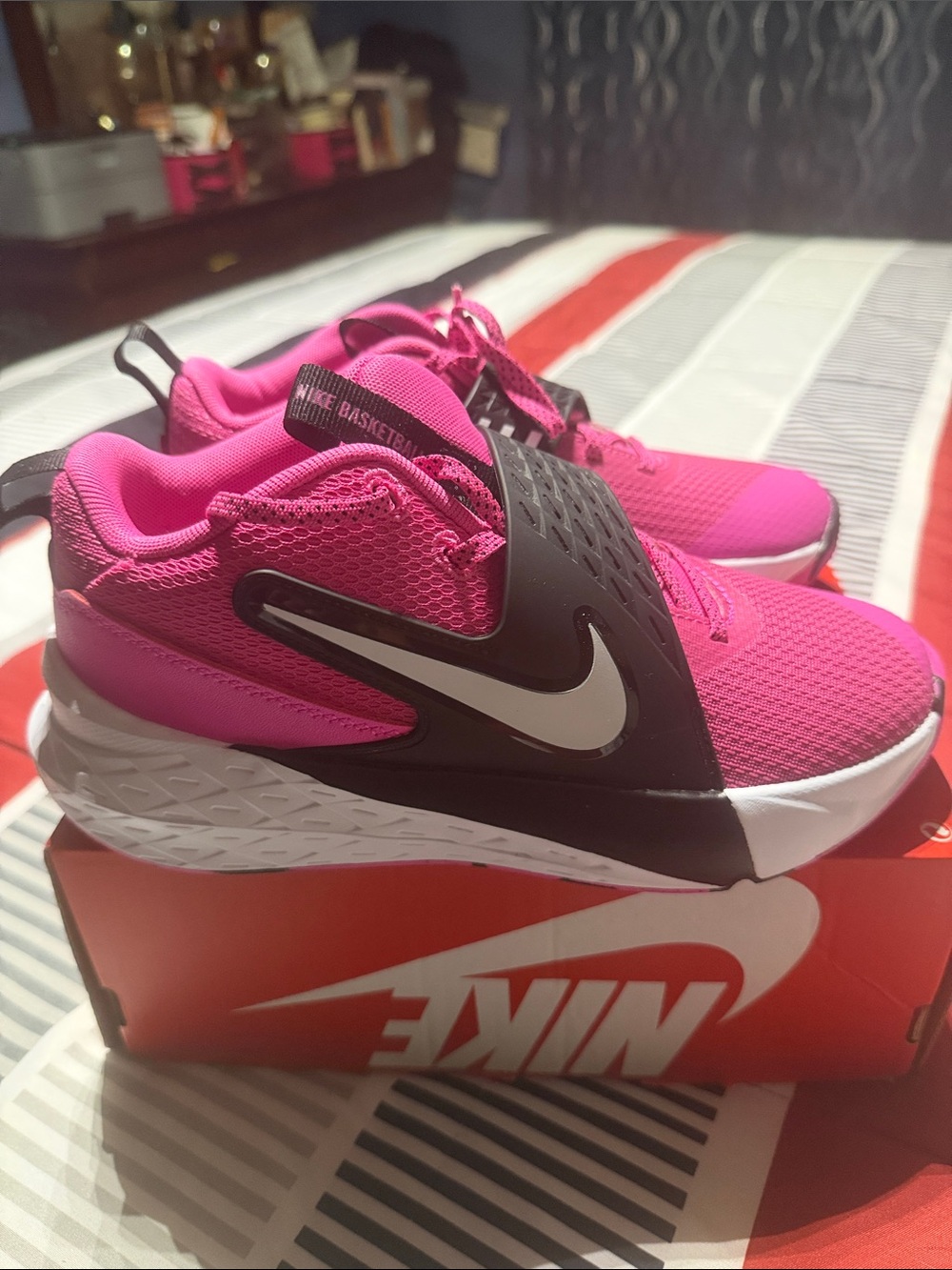 Nike Hot Pink and Black Basketball Sneakers with White Swoosh